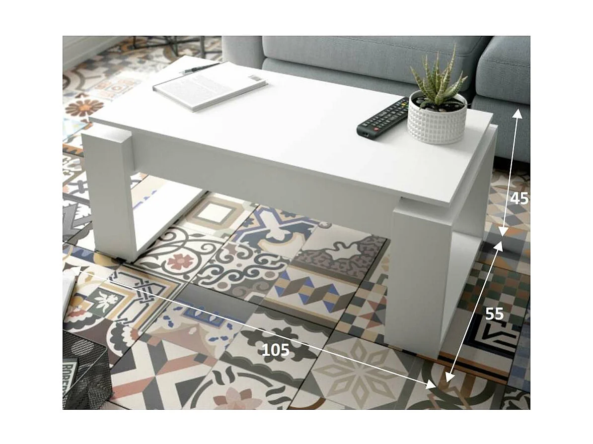 Mesa de centro Caspe elevable blanco Artik, 105cm (Ancho) x 55 cm (Fondo) x 45-54 cm (Alto