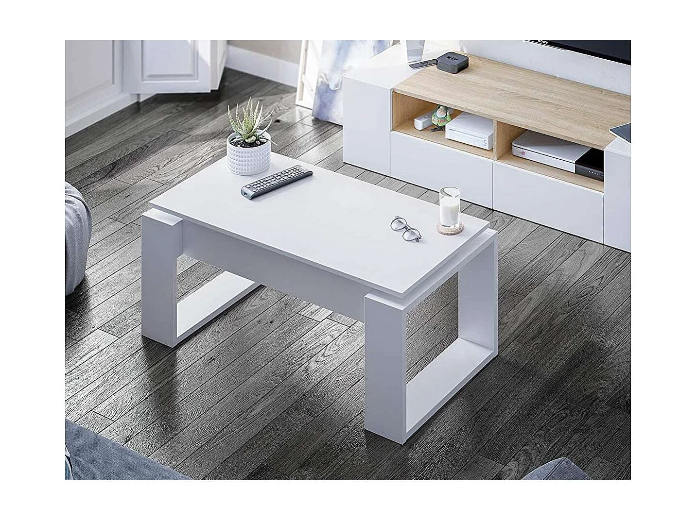 Mesa de centro Caspe elevable blanco Artik, 105cm (Ancho) x 55 cm (Fondo) x 45-54 cm (Alto