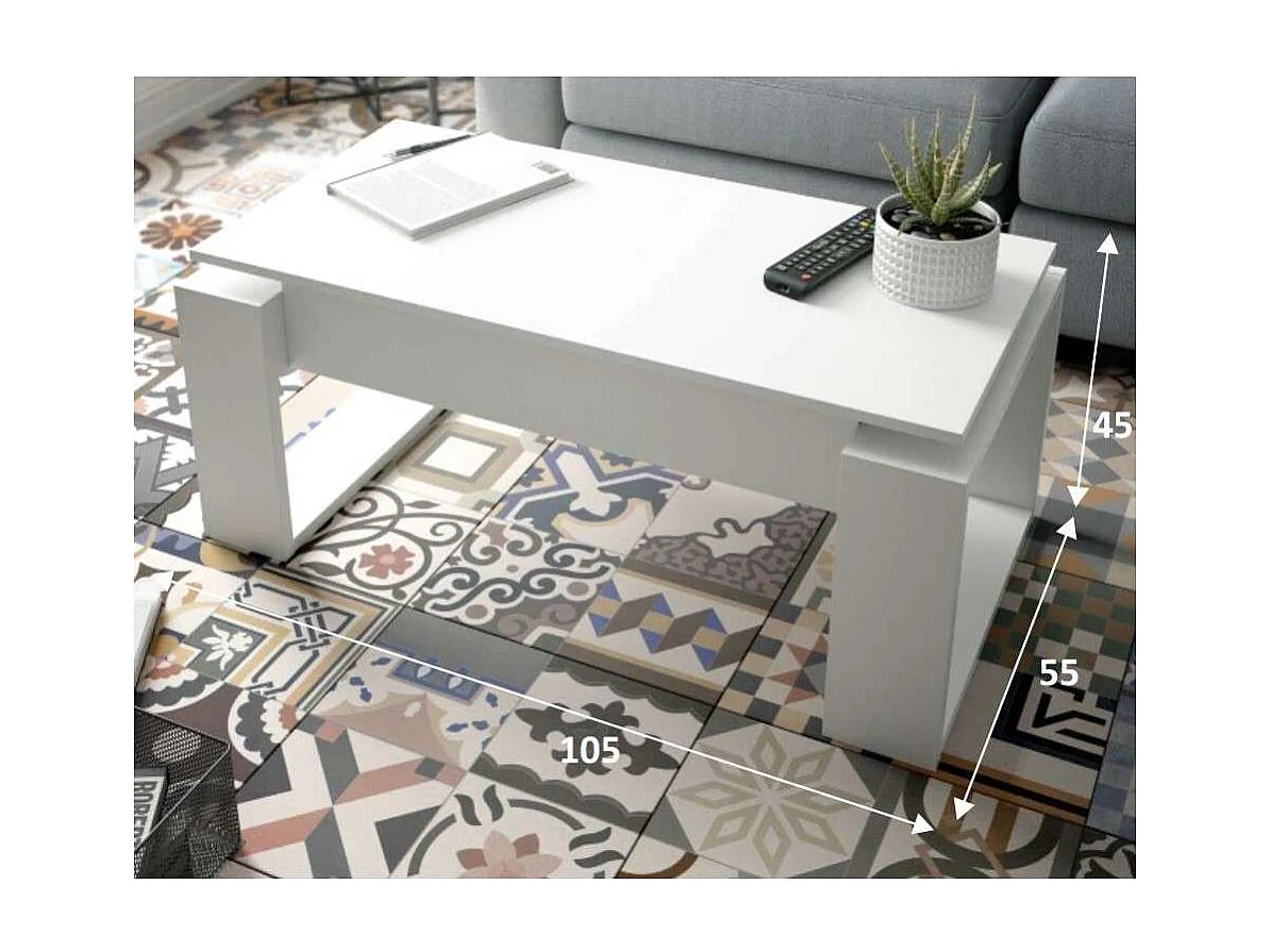 Mesa de centro Caspe elevable blanco Artik, 105cm (Ancho) x 55 cm (Fondo) x 45-54 cm (Alto