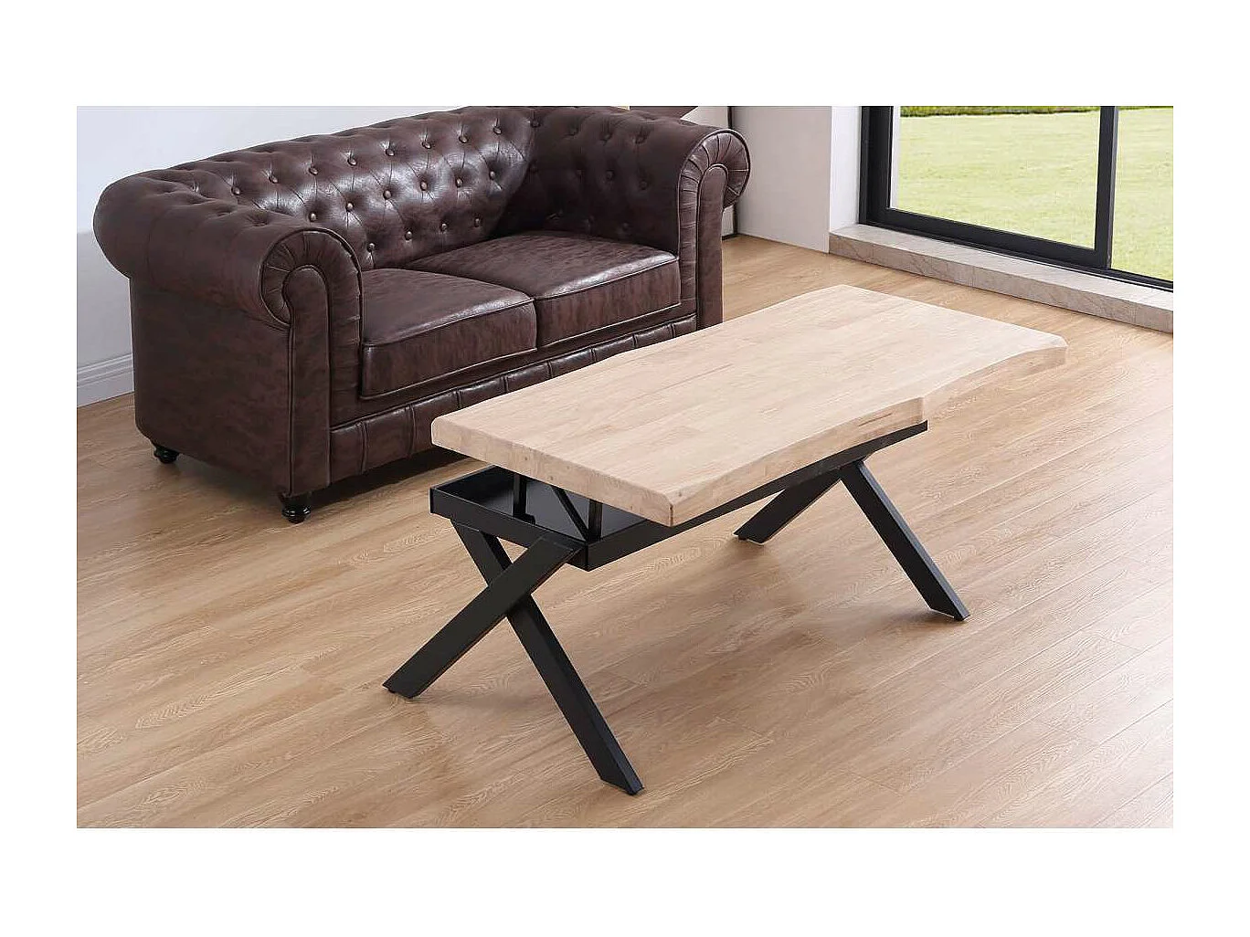 Mesa centro elevable Xena tapa con forma acabado roble nordish/negro, 47cm(alto) 120 cm(la
