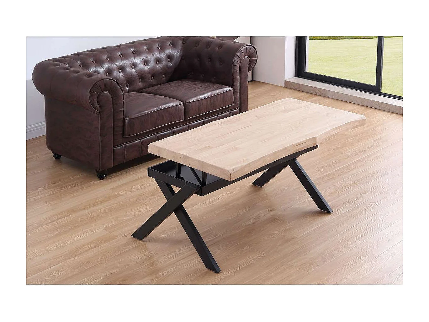 Mesa centro elevable Xena tapa con forma acabado roble nordish/negro, 47cm(alto) 120 cm(la