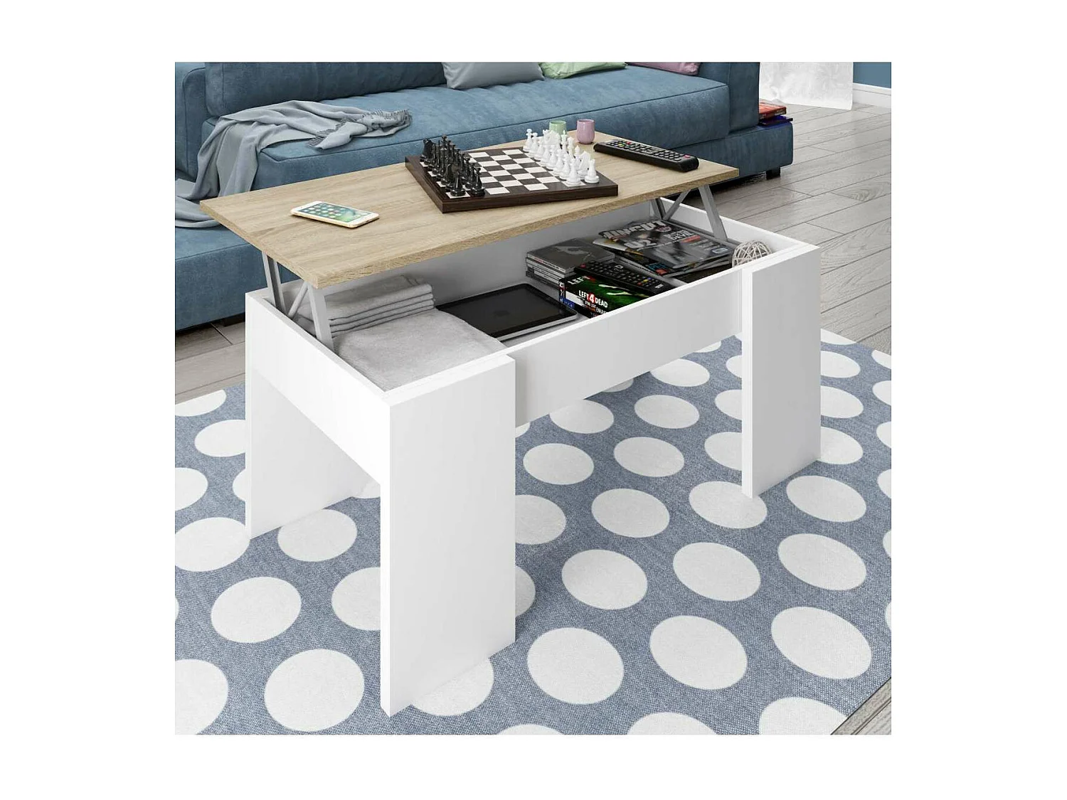 Mesa centro elevable Andujar en blanco artik y roble canadian 45 cm(alto)100 cm(ancho)50 c