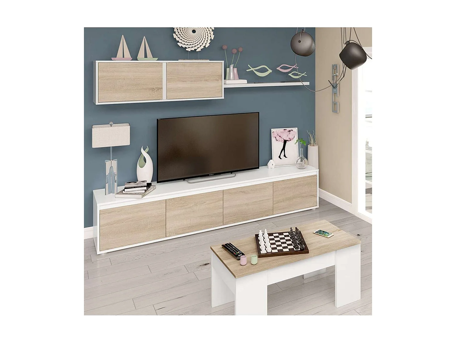 Mesa centro elevable Andujar en blanco artik y roble canadian 45 cm(alto)100 cm(ancho)50 c