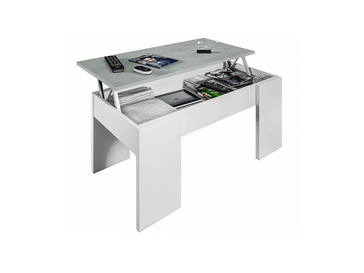 Mesa centro elevable Andujar en blanco artik y cemento 45-56cm(alto) 100cm(ancho) 50cm(lar