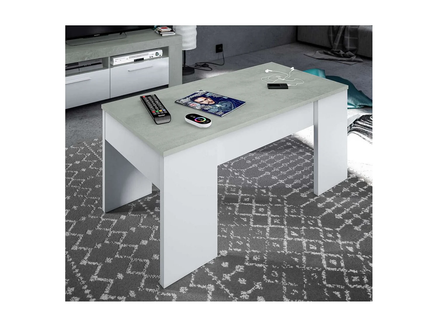 Mesa centro elevable Andujar en blanco artik y cemento 45-56cm(alto) 100cm(ancho) 50cm(lar