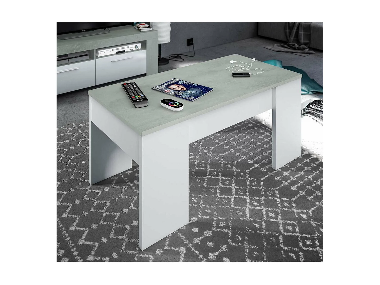 Mesa centro elevable Andujar en blanco artik y cemento 45-56cm(alto) 100cm(ancho) 50cm(lar