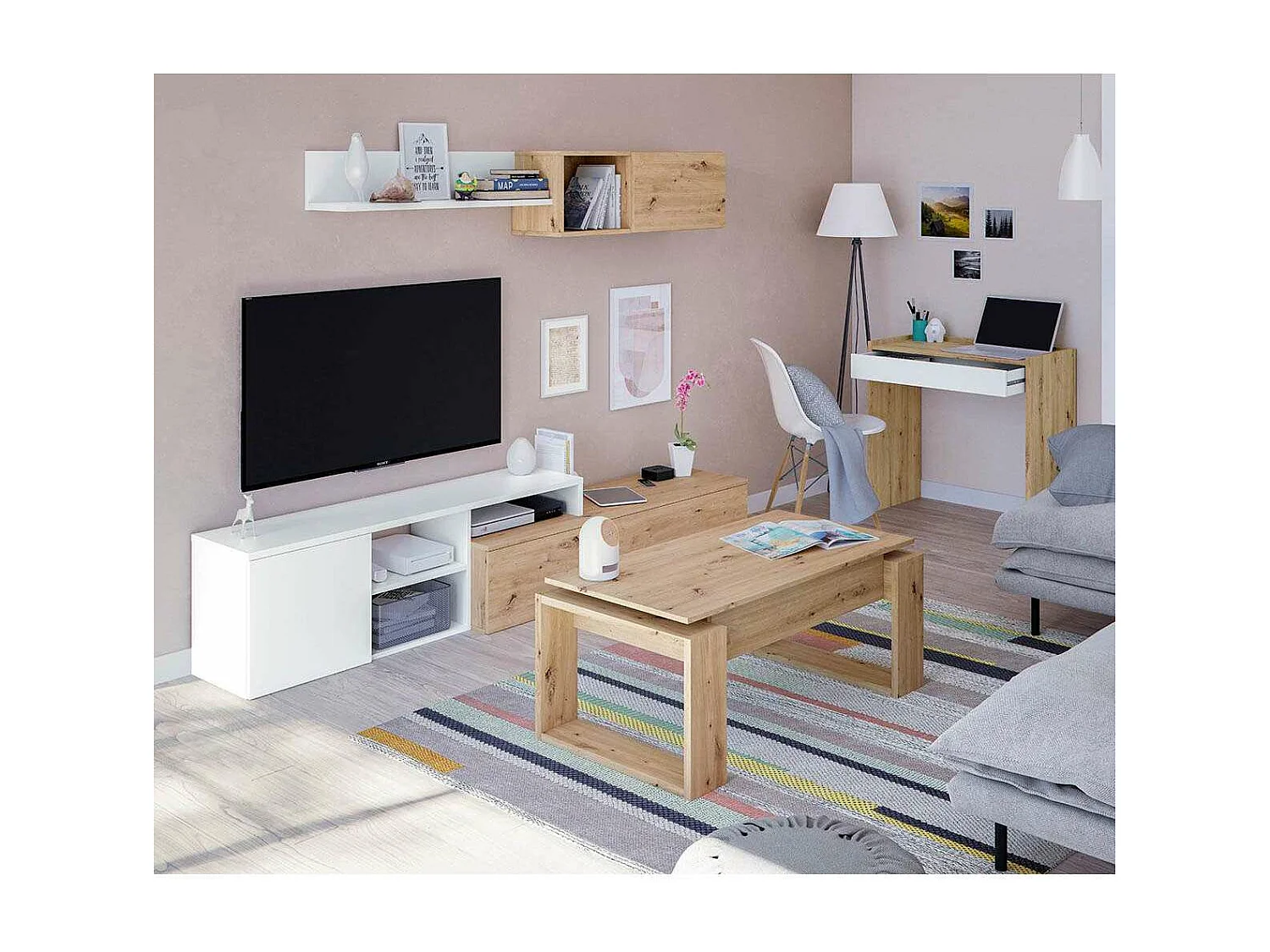 Mesa centro Caspe elevable acabado roble nordish. Medidas: 105 cm (Ancho) x 55 cm (Fondo)