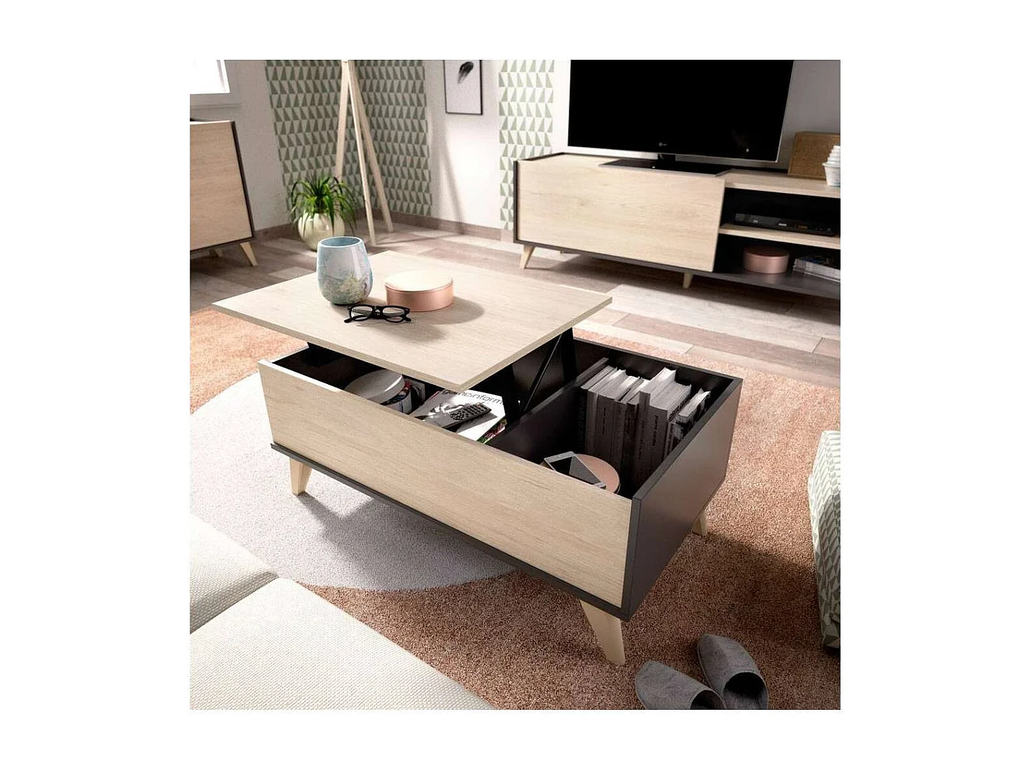 Mesa de centro elevable Cazalilla acabado natural/grafito, 41 cm(alto)99 cm(ancho)60 cm(la