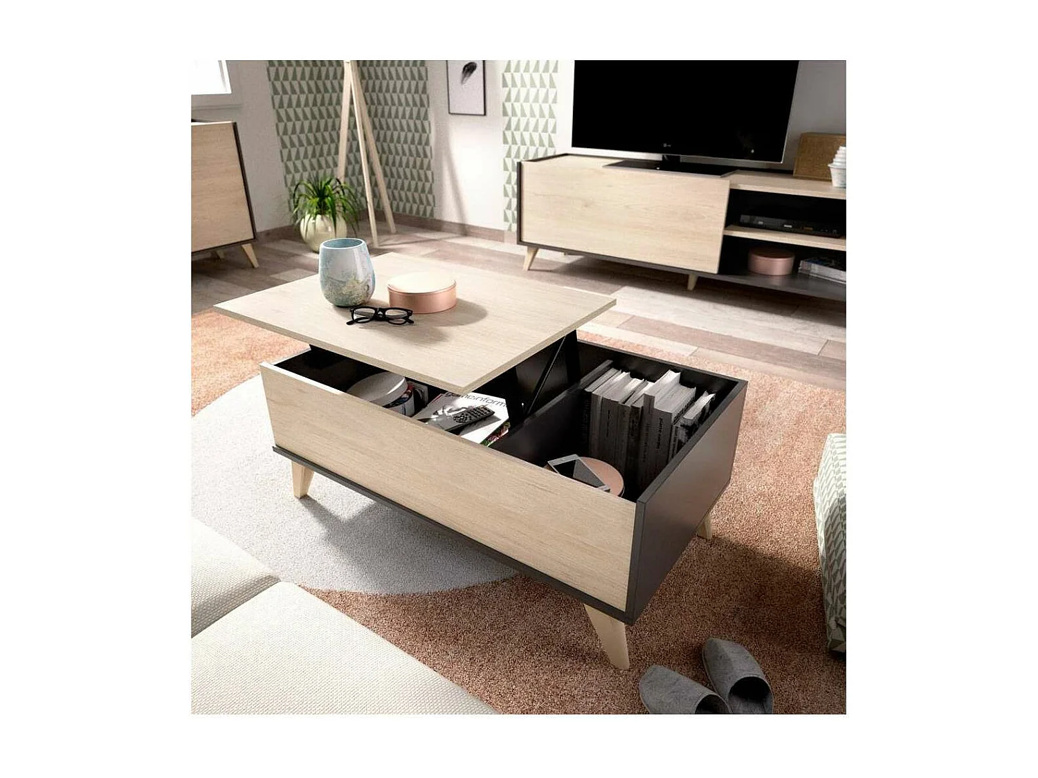 Mesa de centro elevable Cazalilla acabado natural/grafito, 41 cm(alto)99 cm(ancho)60 cm(la