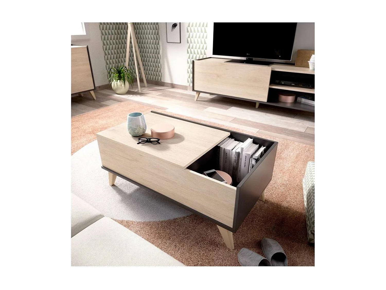 Mesa de centro elevable Cazalilla acabado natural/grafito, 41 cm(alto)99 cm(ancho)60 cm(la