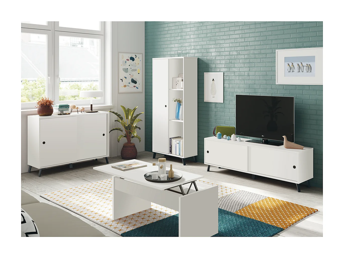 Mesa de centro Elevable Oslo acabado blanco, 47-58 cm(alto)100 cm(ancho)50 cm(largo)