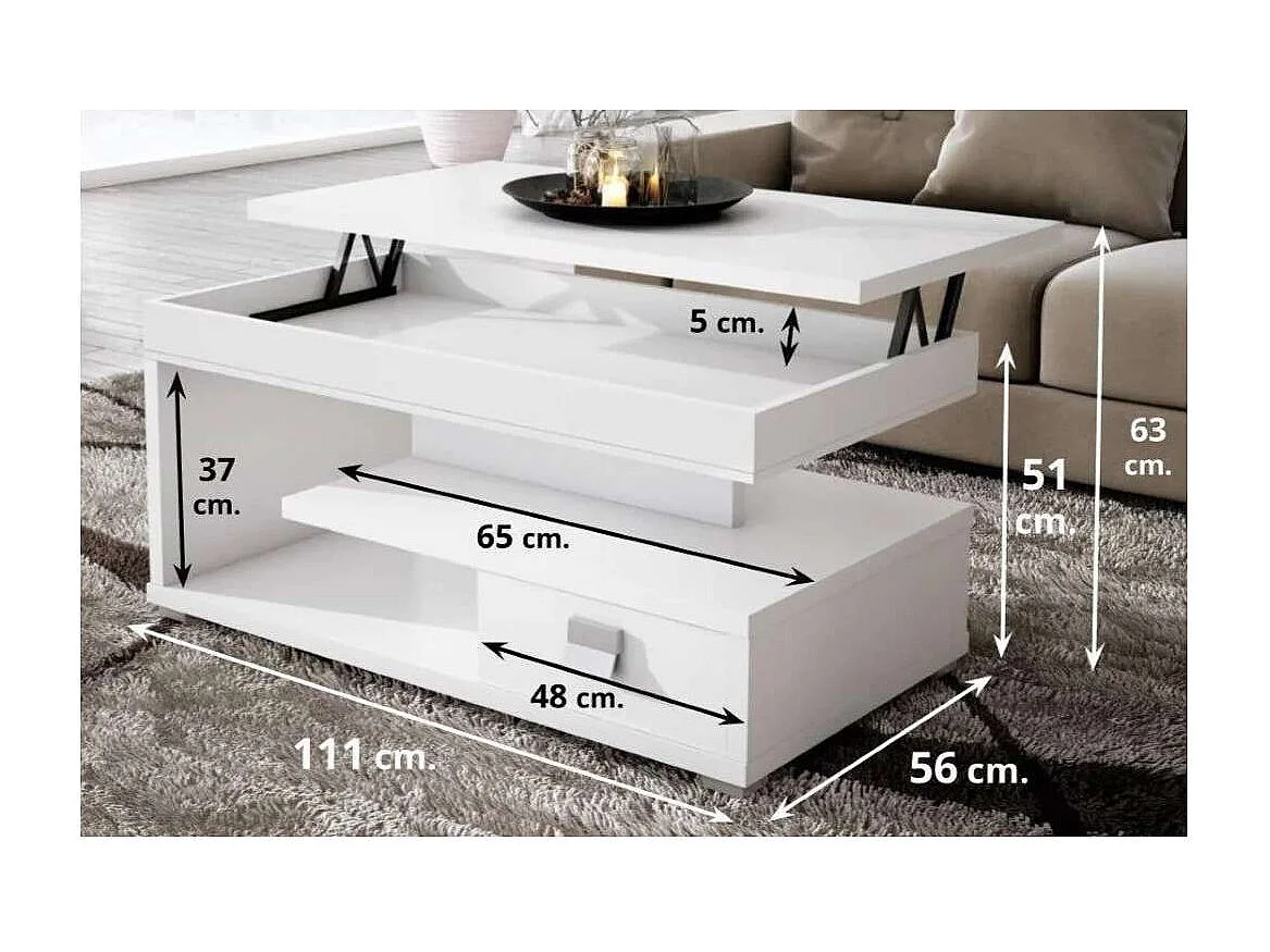 Mesa centro elevable acabado blanco, 51 cm(alto) 110 cm(ancho) 55 cm(largo)
