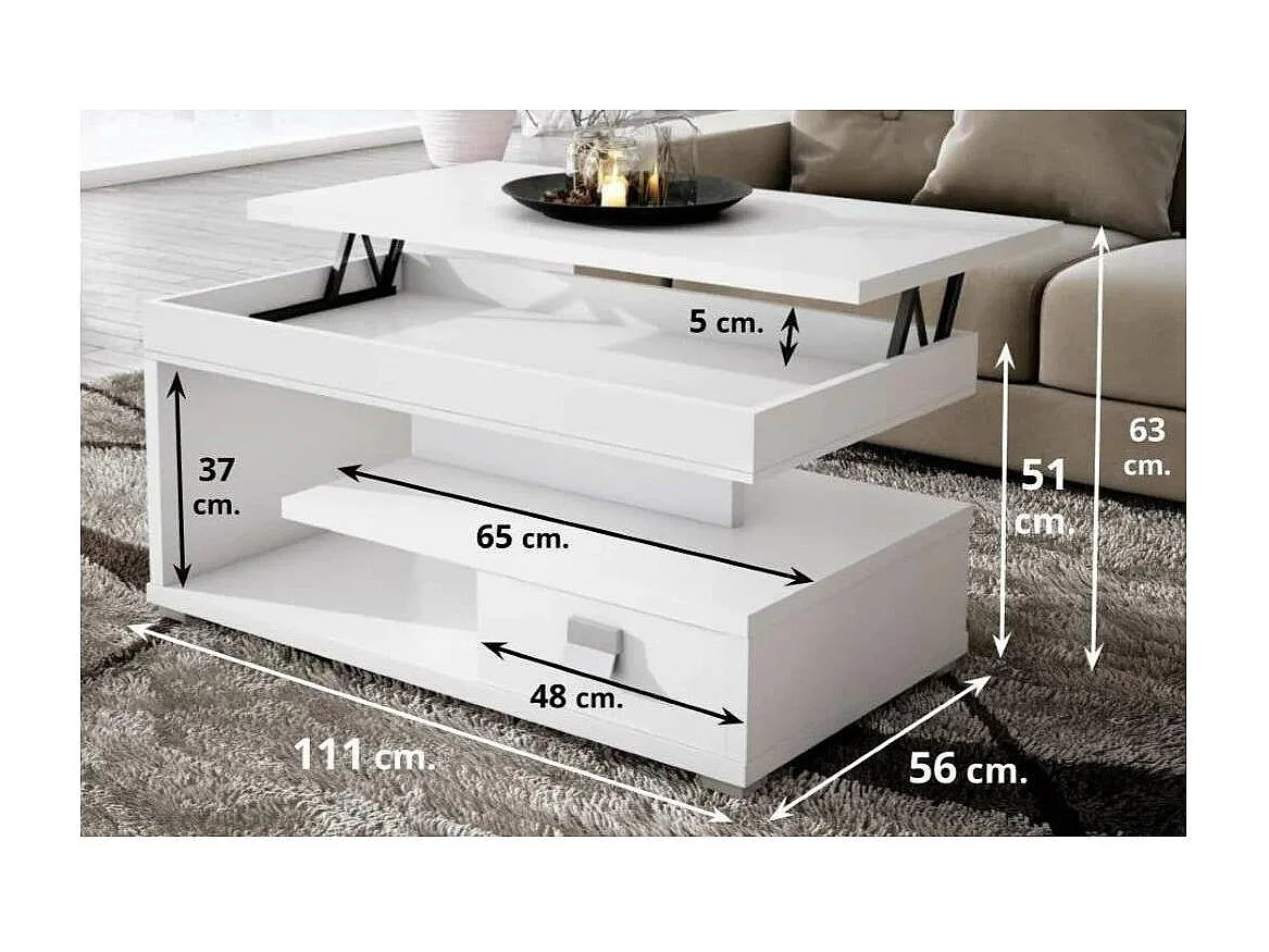 Mesa centro elevable acabado blanco, 51 cm(alto) 110 cm(ancho) 55 cm(largo)