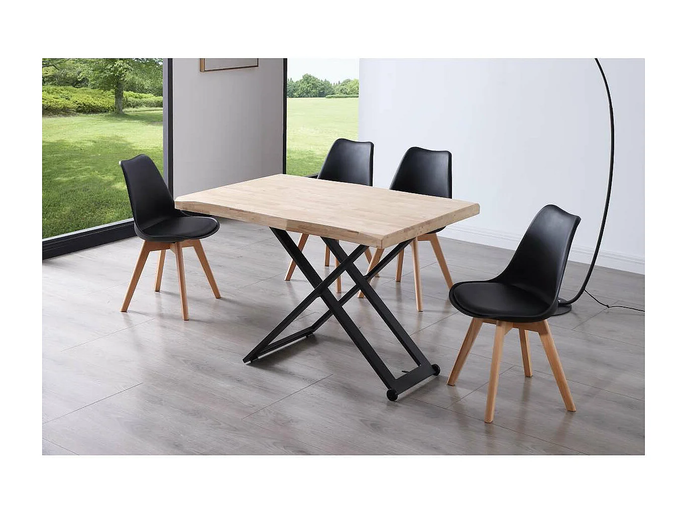 Mesa centro elevable Zoe tapa con forma acabado roble nordish/negro, 120cm (largo) 80cm (a