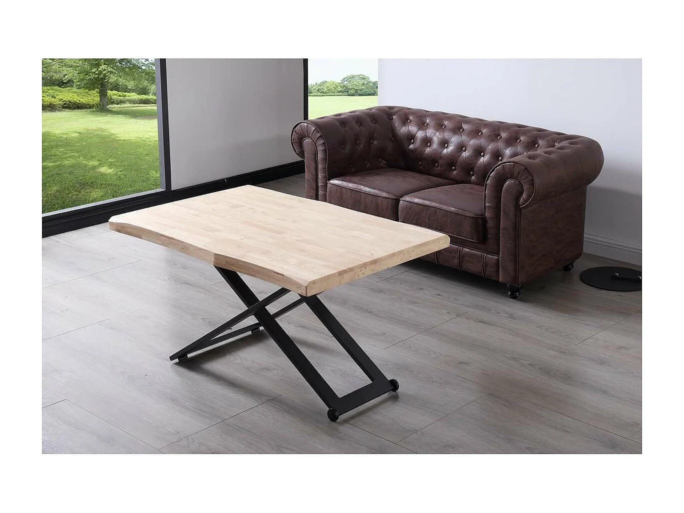 Mesa centro elevable Zoe tapa con forma acabado roble nordish/negro, 120cm (largo) 80cm (a