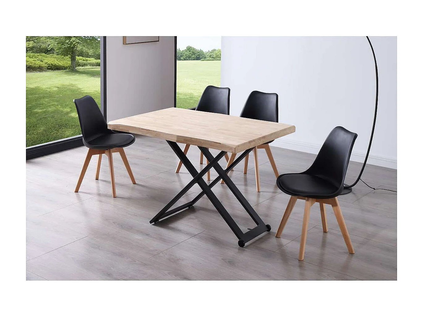 Mesa centro elevable Zoe tapa con forma acabado roble nordish/negro, 120cm (largo) 80cm (a