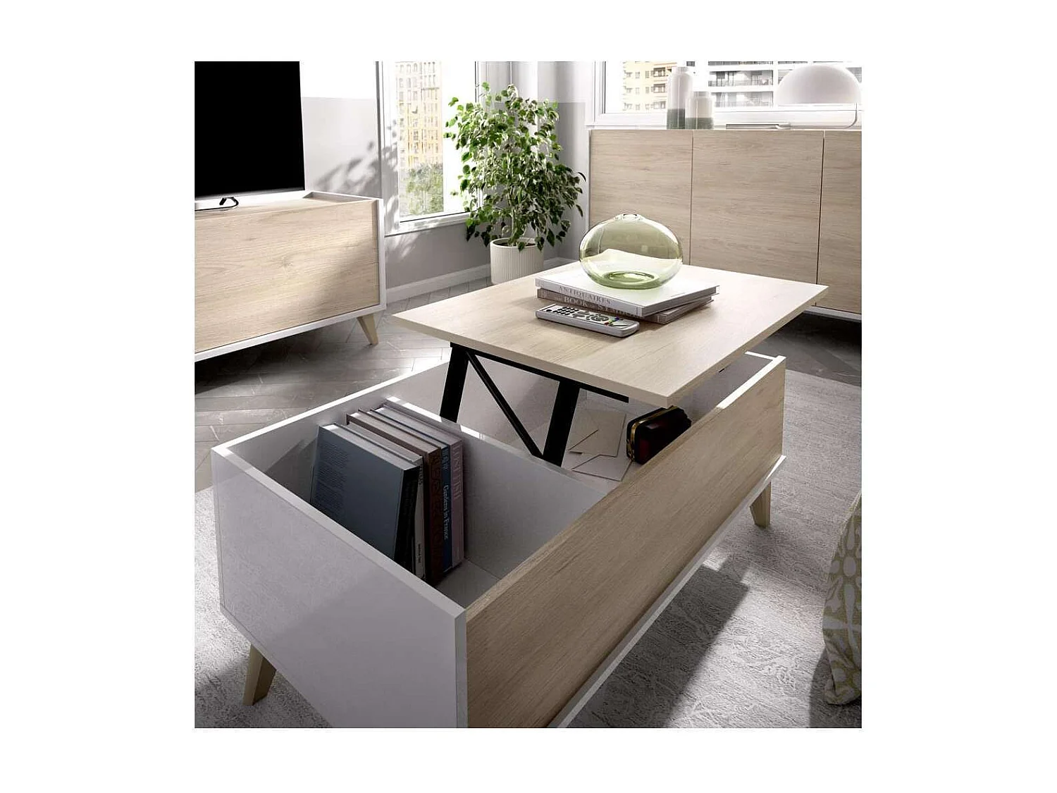 Mesa de centro elevable Cazalilla en natural/blanco, 41 cm(alto)99 cm(ancho)60 cm(largo)