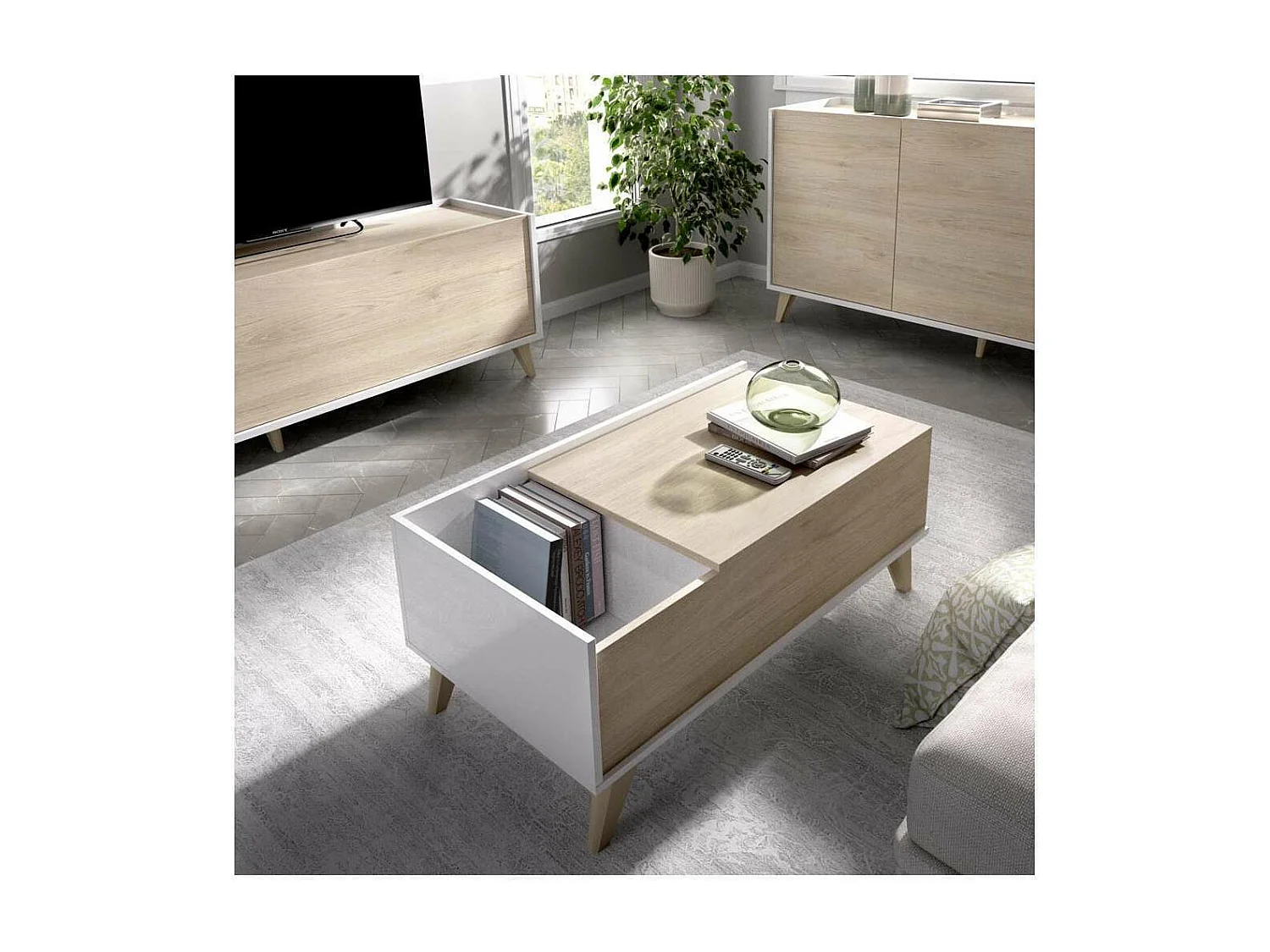 Mesa de centro elevable Cazalilla en natural/blanco, 41 cm(alto)99 cm(ancho)60 cm(largo)