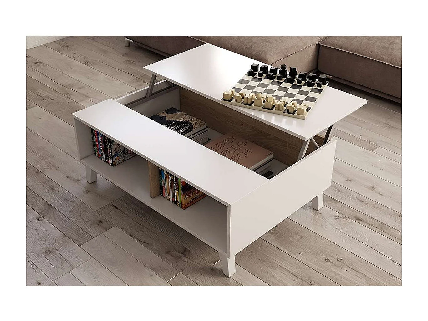 Mesa centro elevable Oria en blanco y roble canadian 38 cm(alto)100 cm(ancho)68 cm(largo)