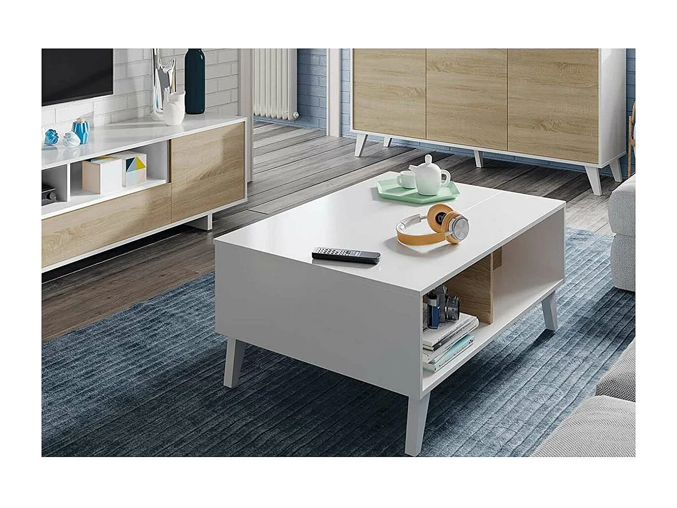 Mesa centro elevable Oria en blanco y roble canadian 38 cm(alto)100 cm(ancho)68 cm(largo)