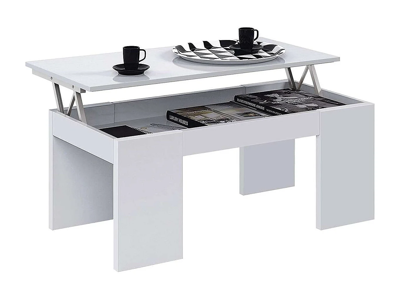 Mesa centro elevable Lijar en blanco brillo 43-55 cm(alto)100 cm(ancho)50 cm(largo)