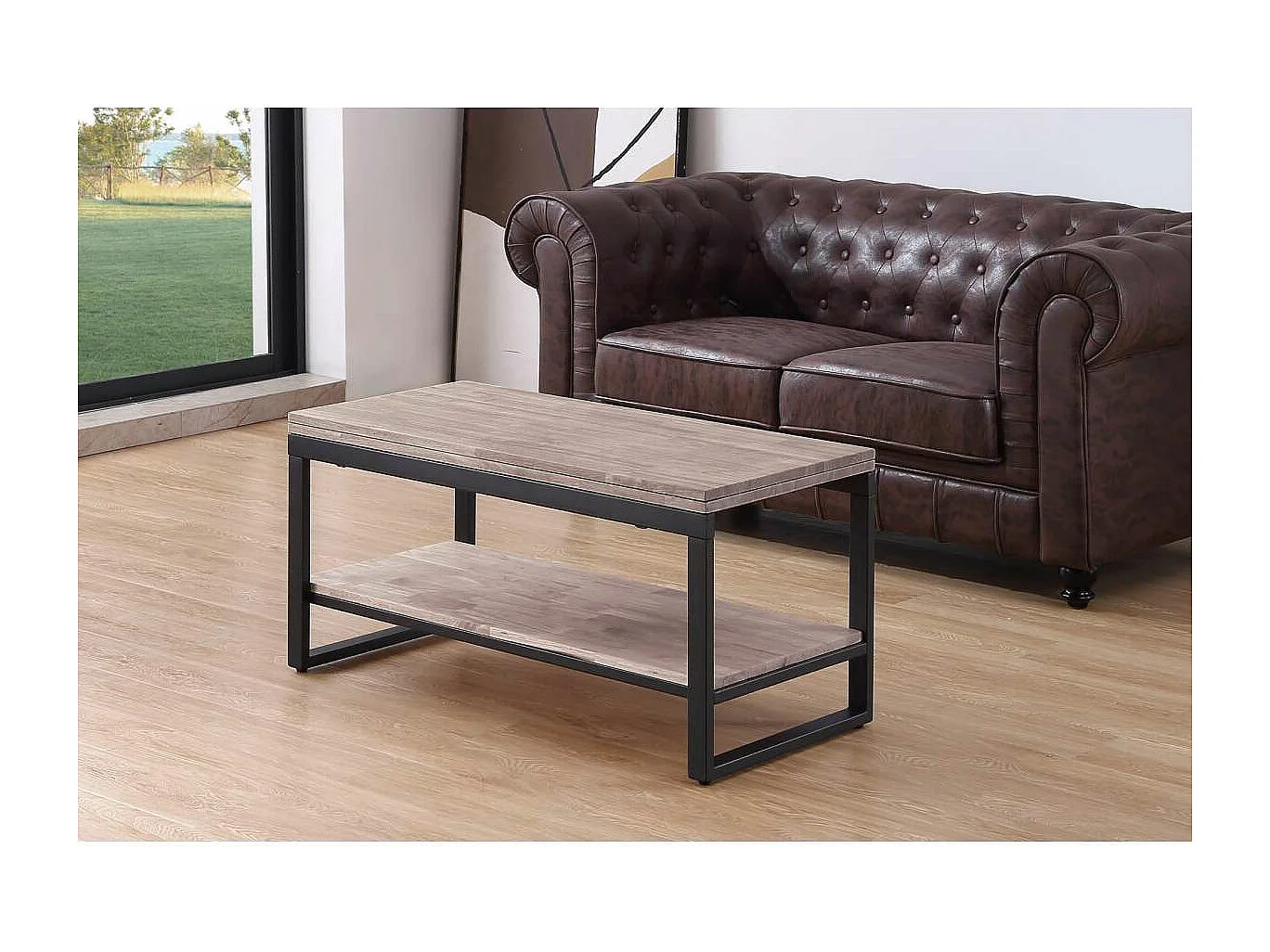 Mesa centro elevable y extensible Steve acabado roble honey/negro, 47 cm(alto)100 cm(largo