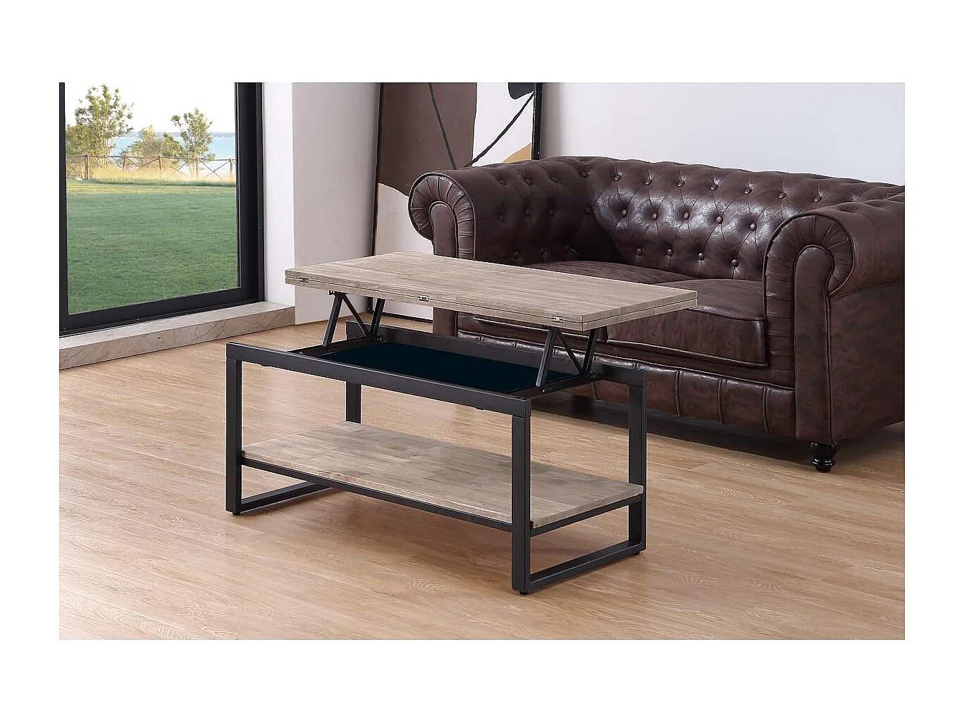 Mesa centro elevable y extensible Steve acabado roble honey/negro, 47 cm(alto)100 cm(largo
