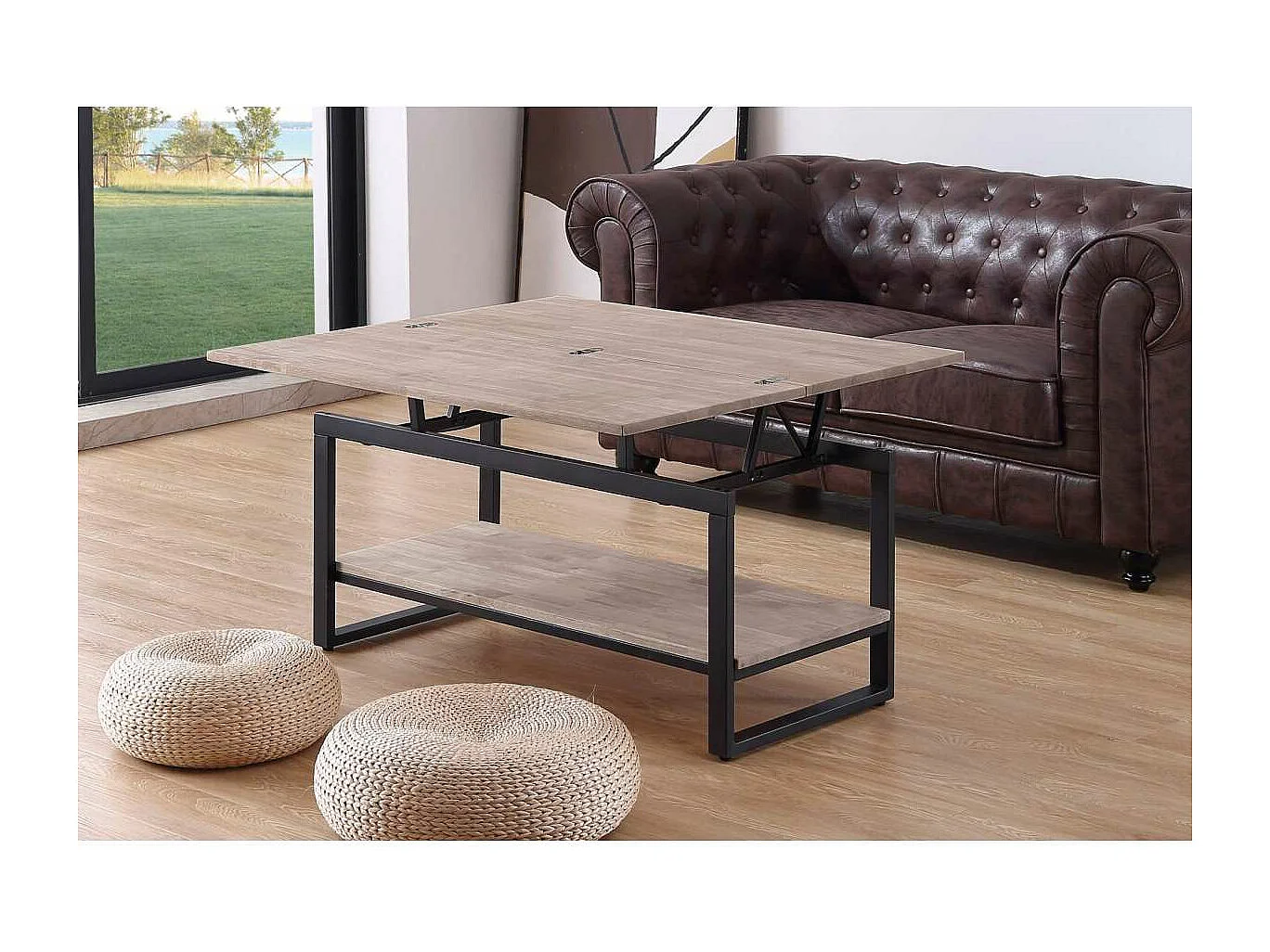 Mesa centro elevable y extensible Steve acabado roble honey/negro, 47 cm(alto)100 cm(largo