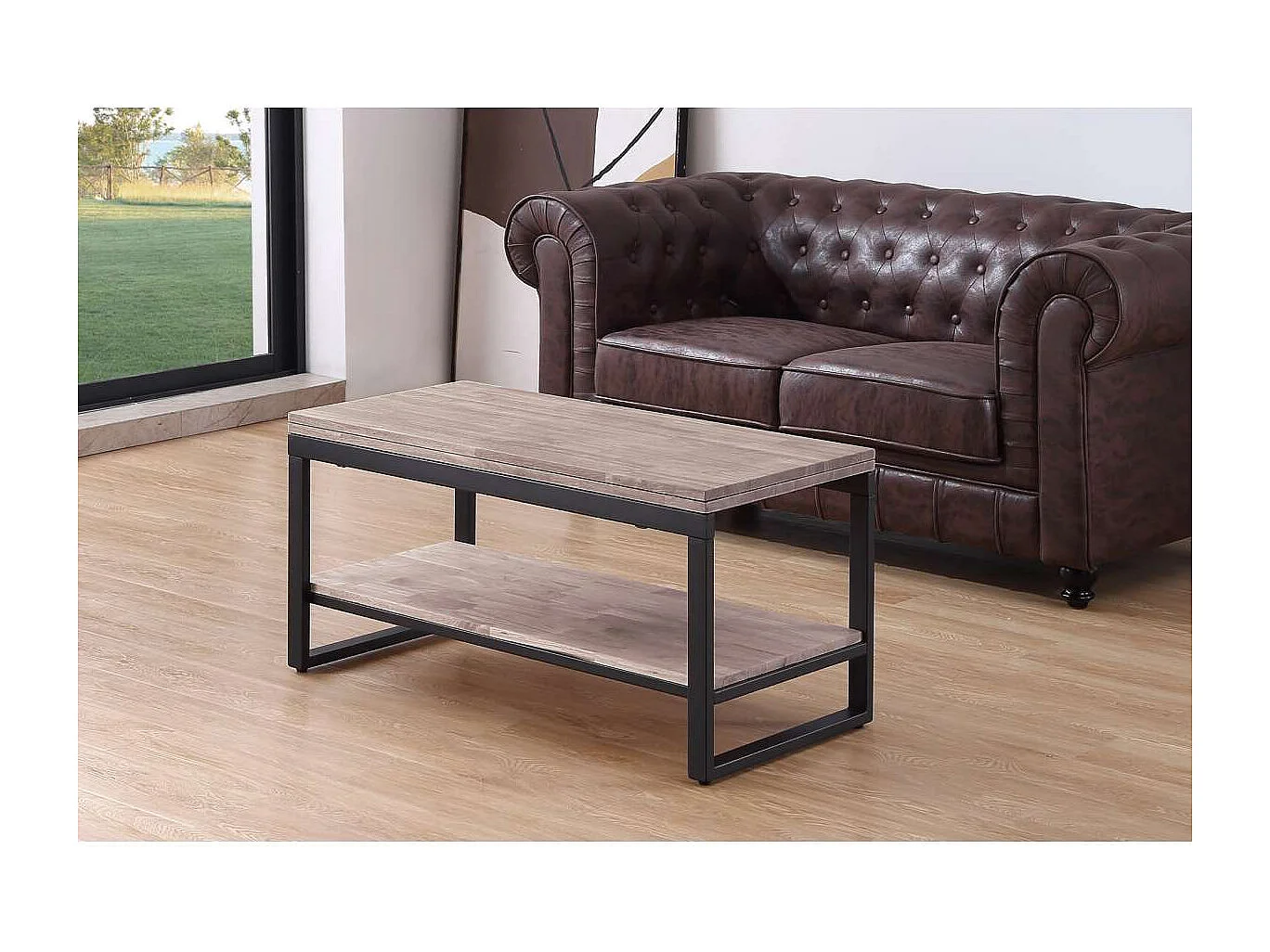 Mesa centro elevable y extensible Steve acabado roble honey/negro, 47 cm(alto)100 cm(largo