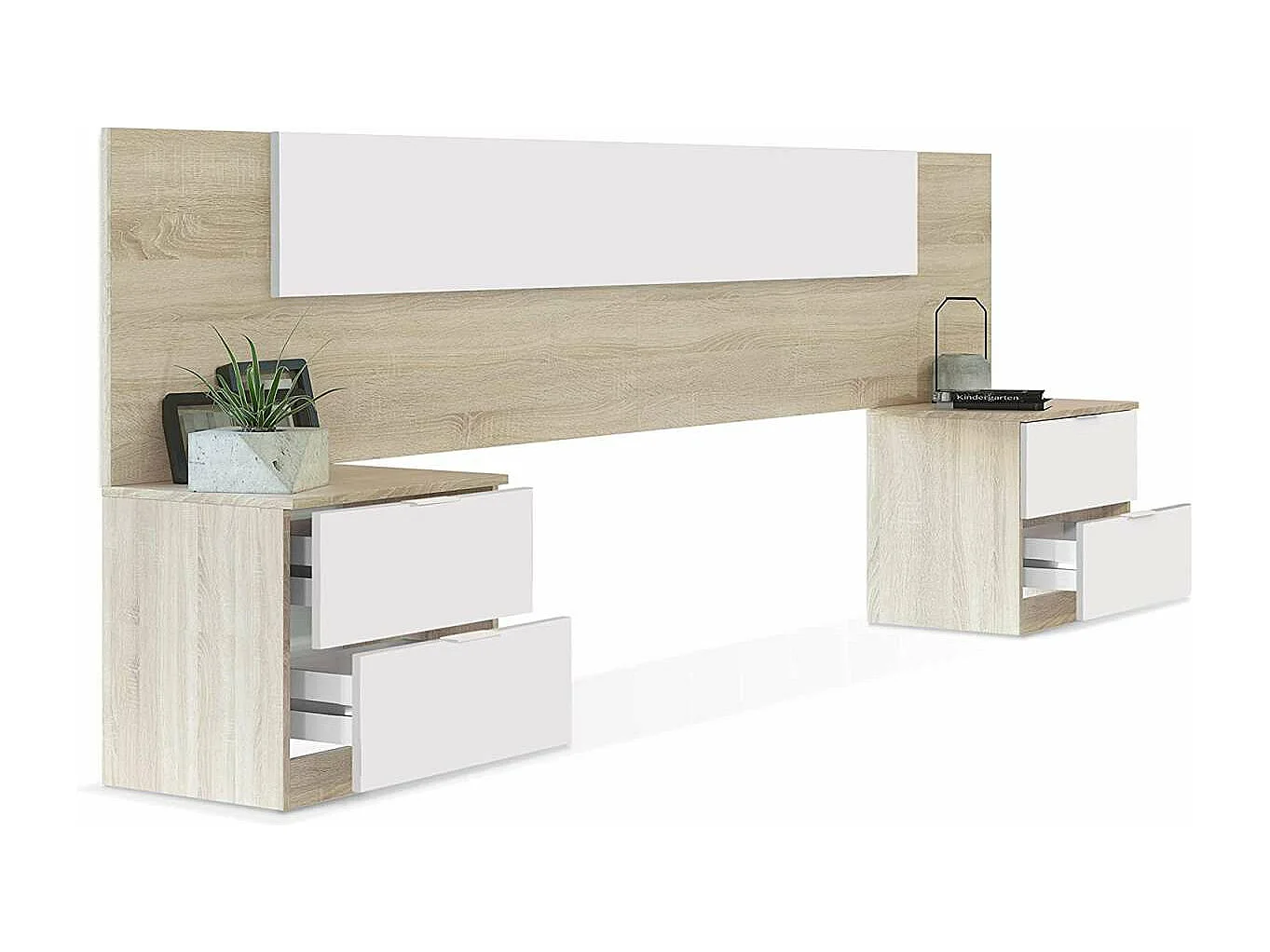 Cabecero + 2 mesitas modelo Noon Plus acabado roble/ blanco artic.