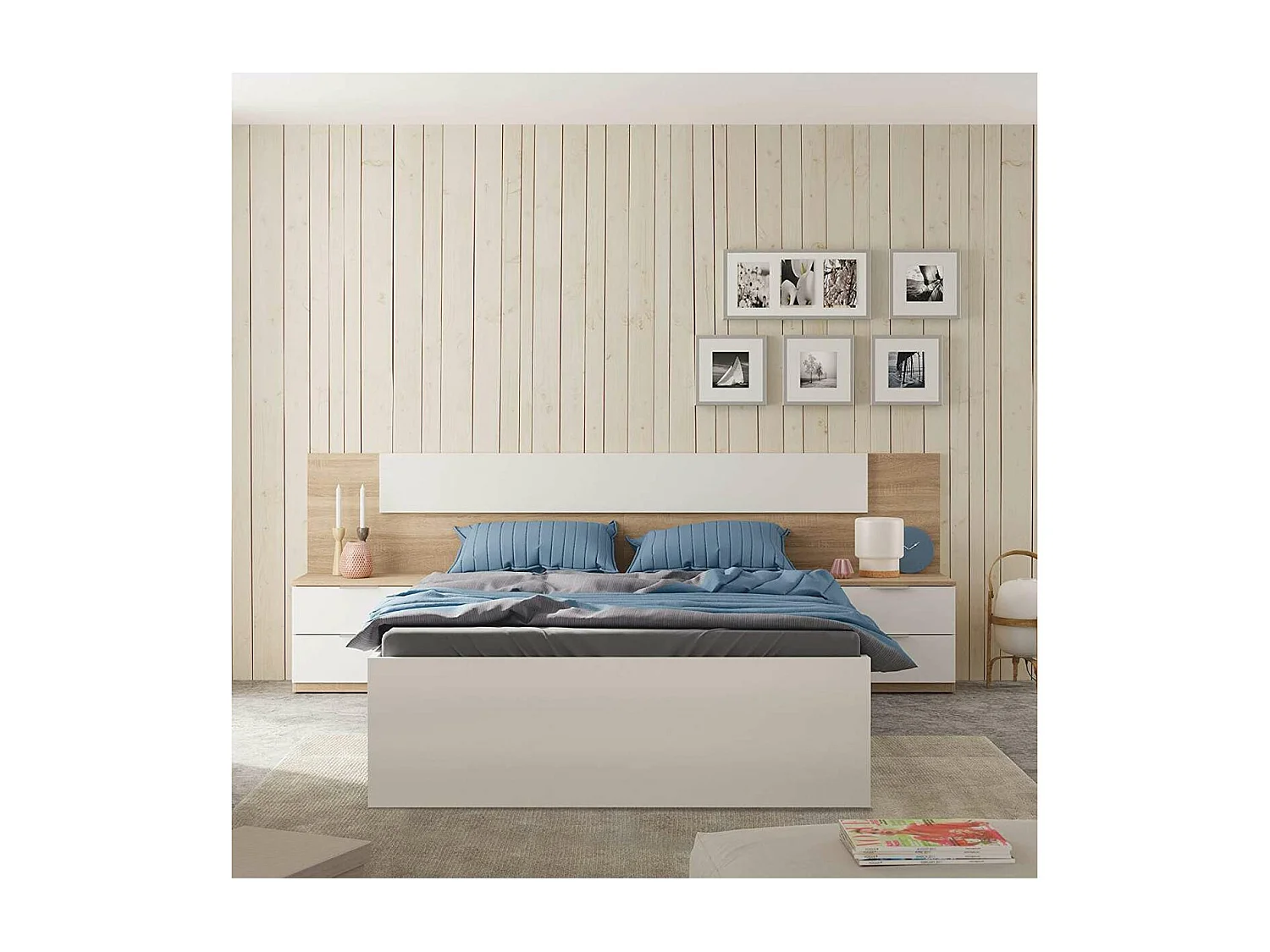 Cabecero + 2 mesitas modelo Noon Plus acabado roble/ blanco artic.