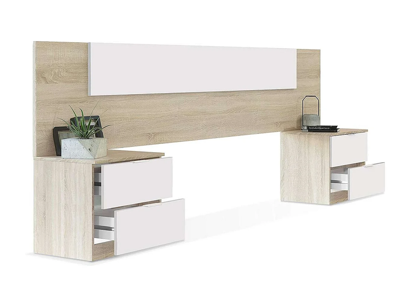 Cabecero + 2 mesitas modelo Noon Plus acabado roble/ blanco artic.