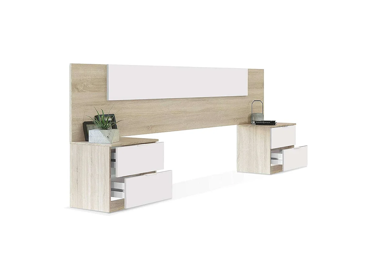 Cabecero + 2 mesitas modelo Noon Plus acabado roble/ blanco artic.