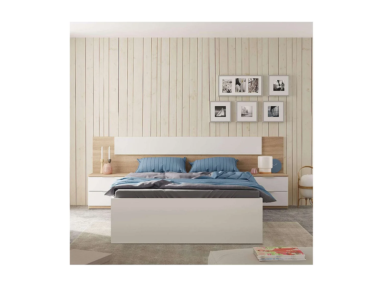 Cabecero + 2 mesitas modelo Noon Plus acabado roble/ blanco artic.