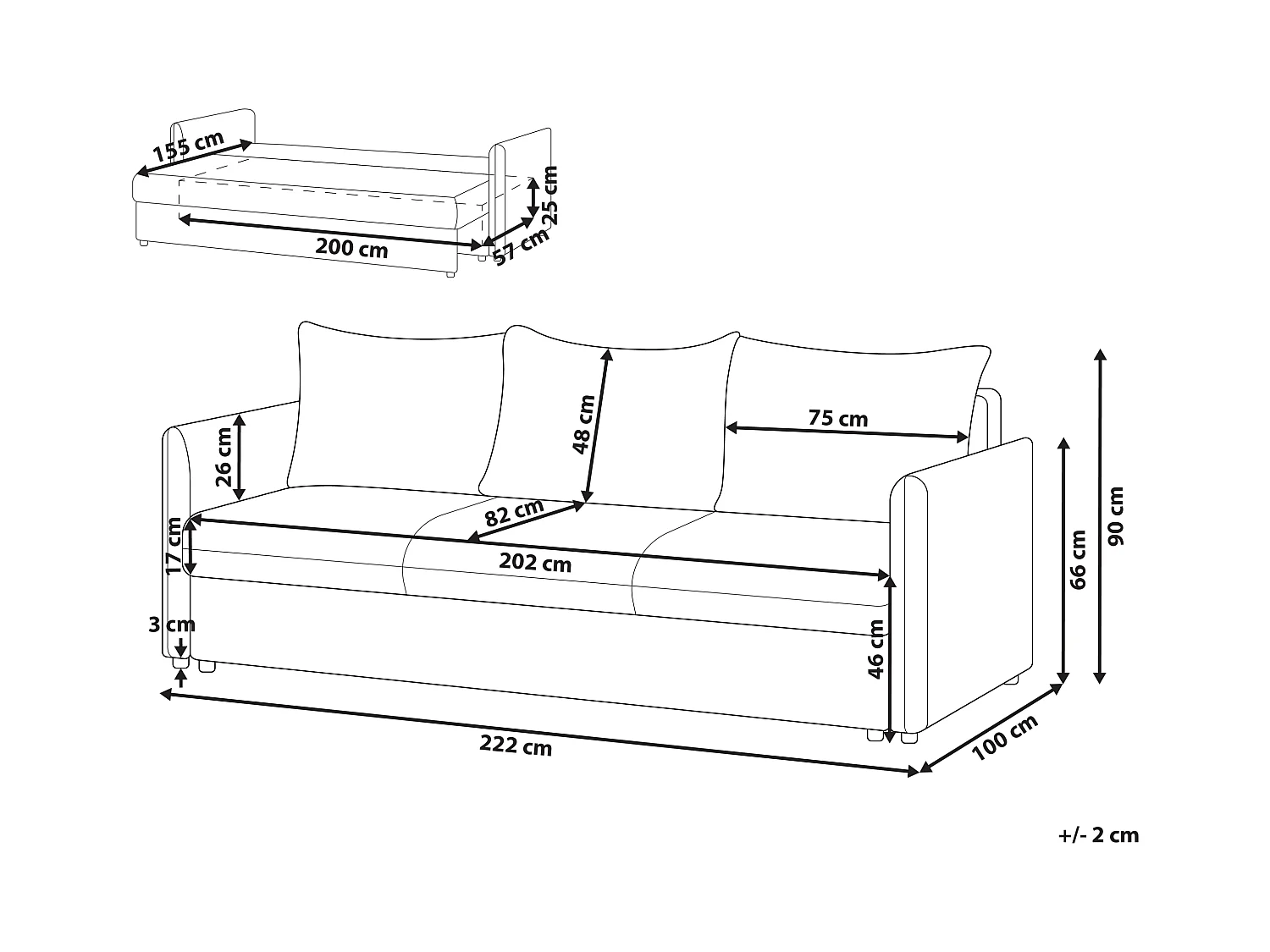 Schlafsofa Stoff grau mit Kissen 3-Sitzer Polstersofa Holsen