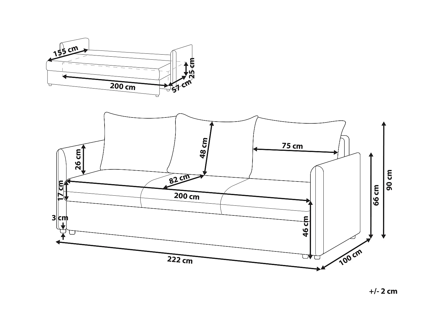 Schlafsofa Stoff grau mit Kissen 3-Sitzer Polstersofa Holsen