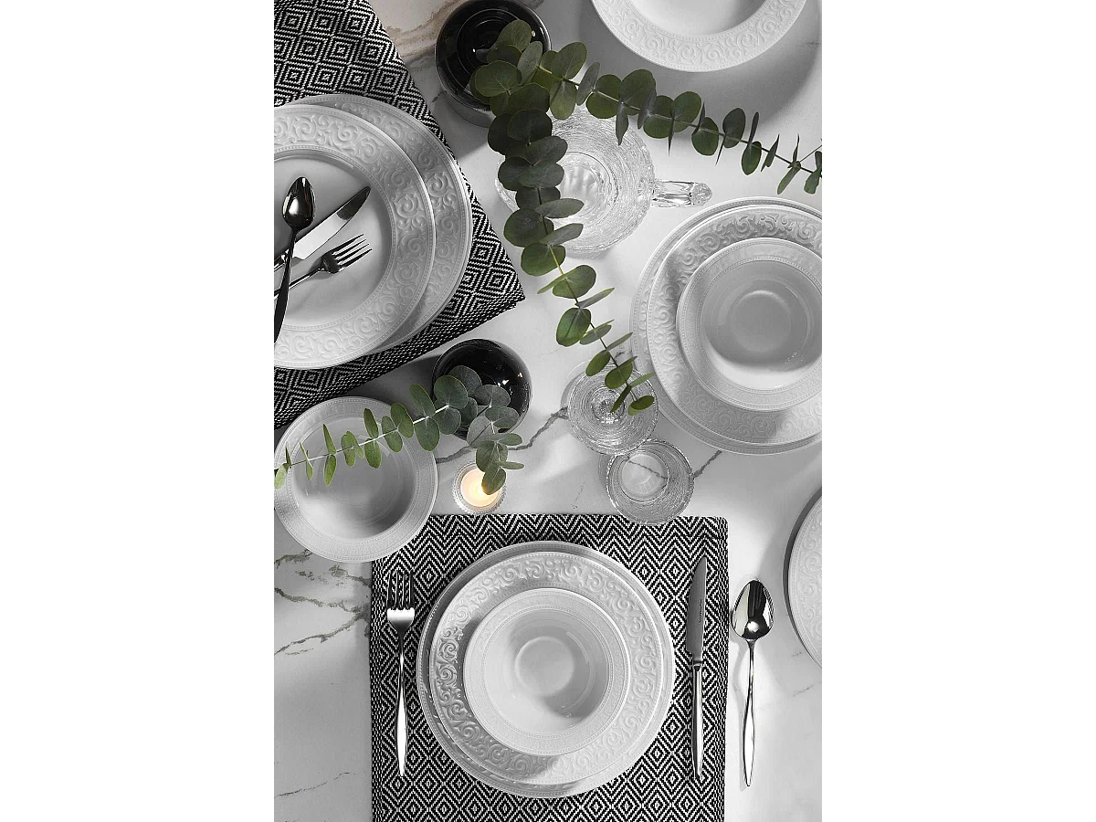 Service de table design Brezo 18 pièces Motif floral en relief 100% Porcelaine Blanc