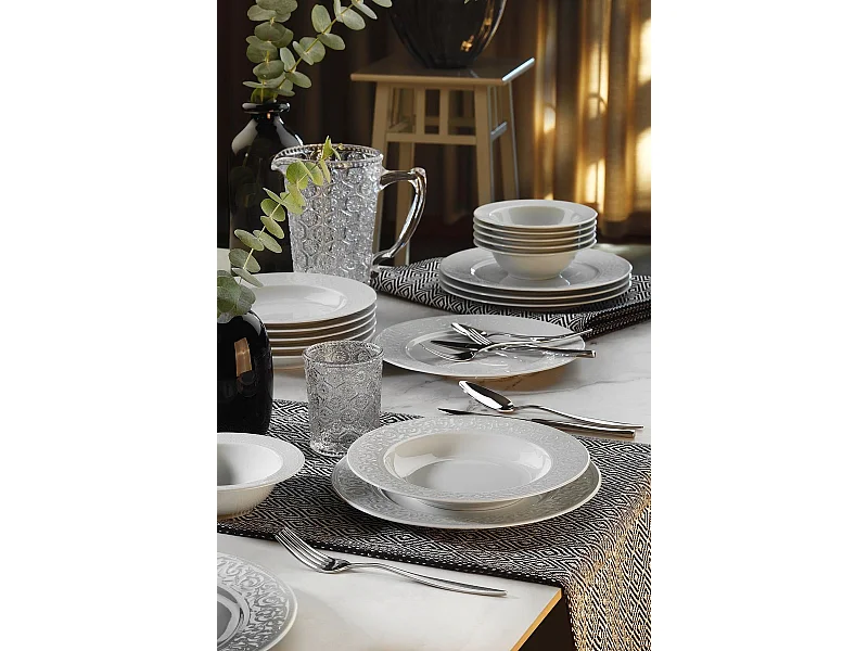 Service de table design Brezo 18 pièces Motif floral en relief 100% Porcelaine Blanc