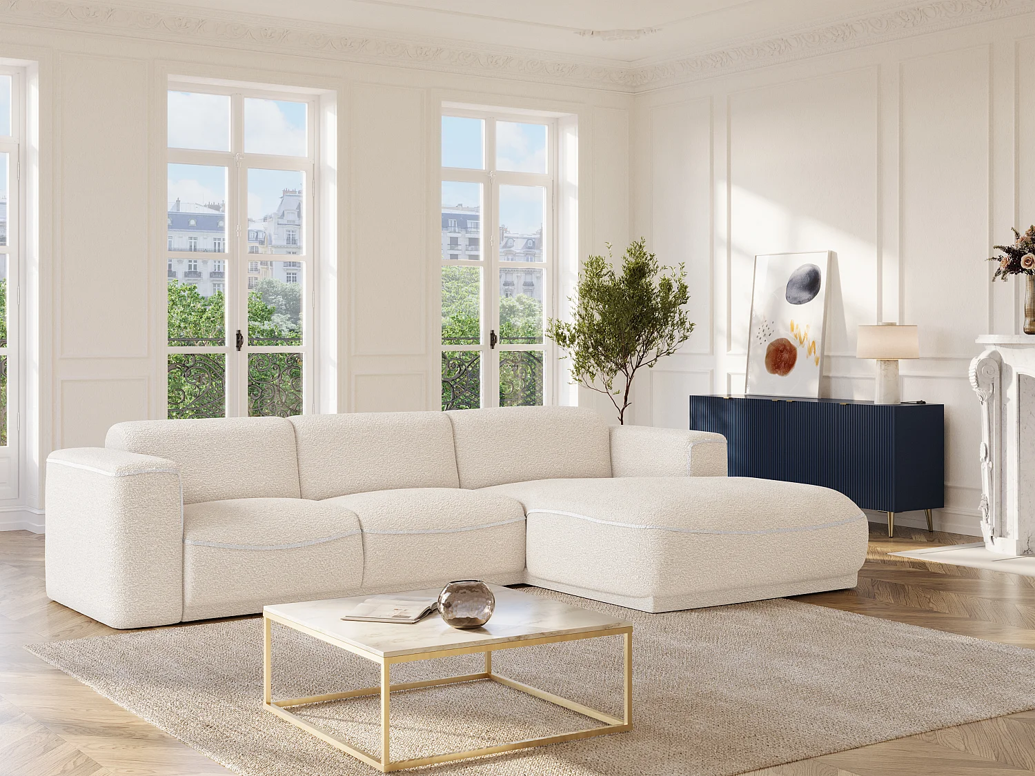 Canapé d'angle droit en tissu bouclette blanc ivoire BLIMORO