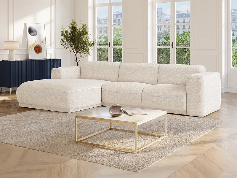 Canapé d'angle gauche en tissu bouclette blanc ivoire BLIMORO