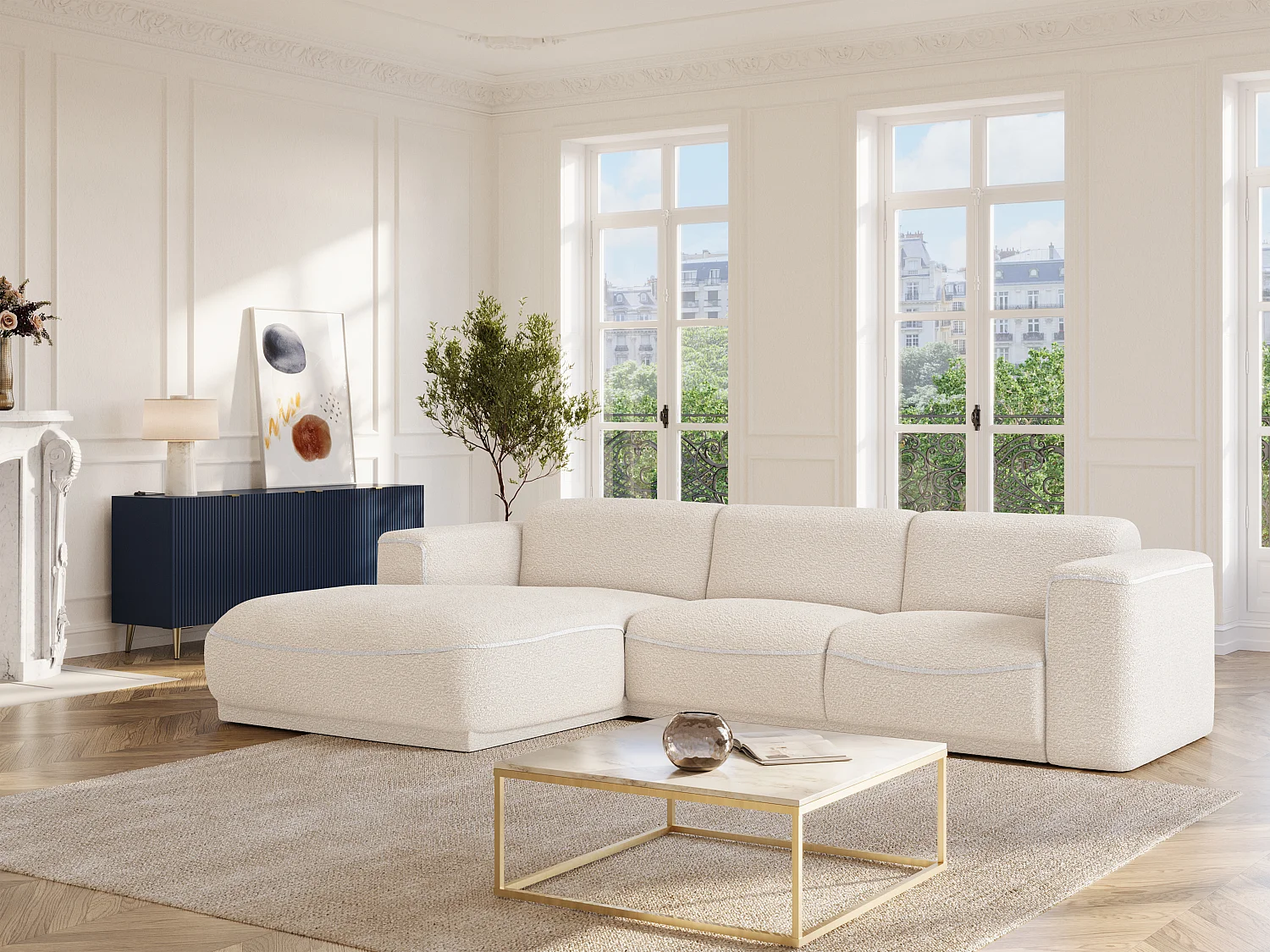 Divano angolo a sinistra in Tessuto bouclette Bianco avorio BLIMORO