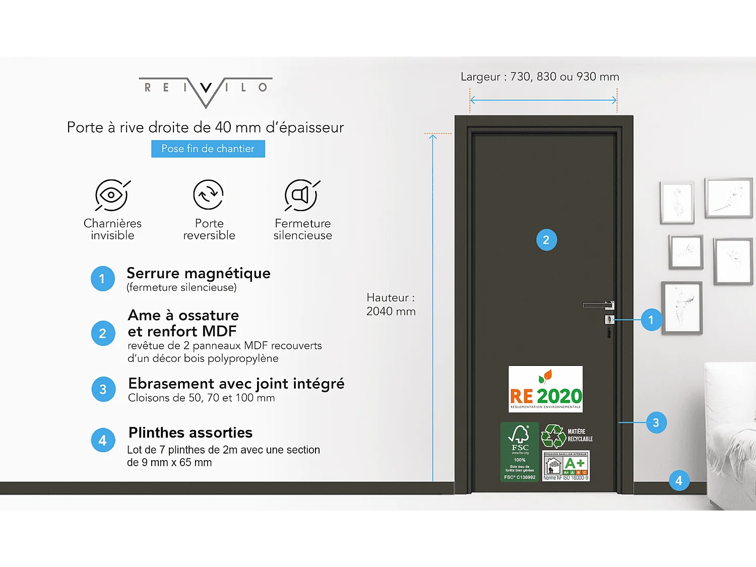 Bloc-porte Miro avec poignée Exclusive grise, H.204 x l.73 cm, aspect cuir argile