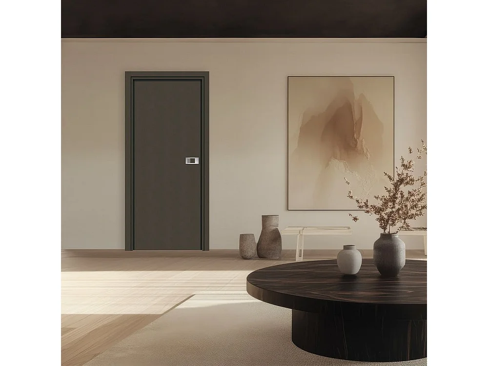 Bloc-porte Miro avec poignée Exclusive grise, H.204 x l.73 cm, aspect cuir basalte