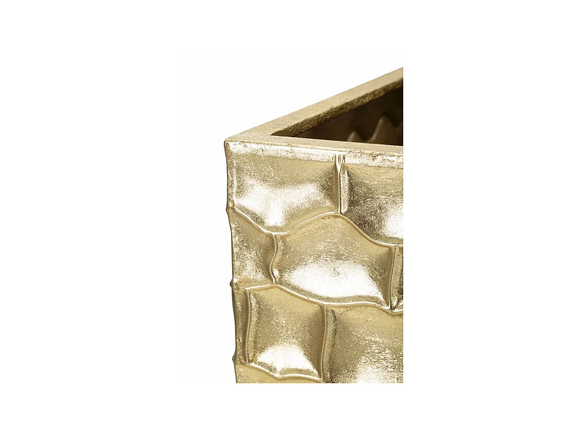 Juego de 3 elegantes jarrones cuadrados de metal dorado: trío con decoraciones irregulares en relieve de estilo glamuroso.