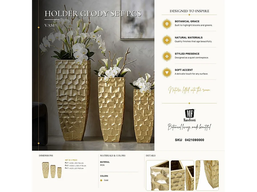 Set 3 Vasi Glody Quadrati in Metallo Dorato - Tris con Decorazioni Irregolari in Rilievo Stile Glam