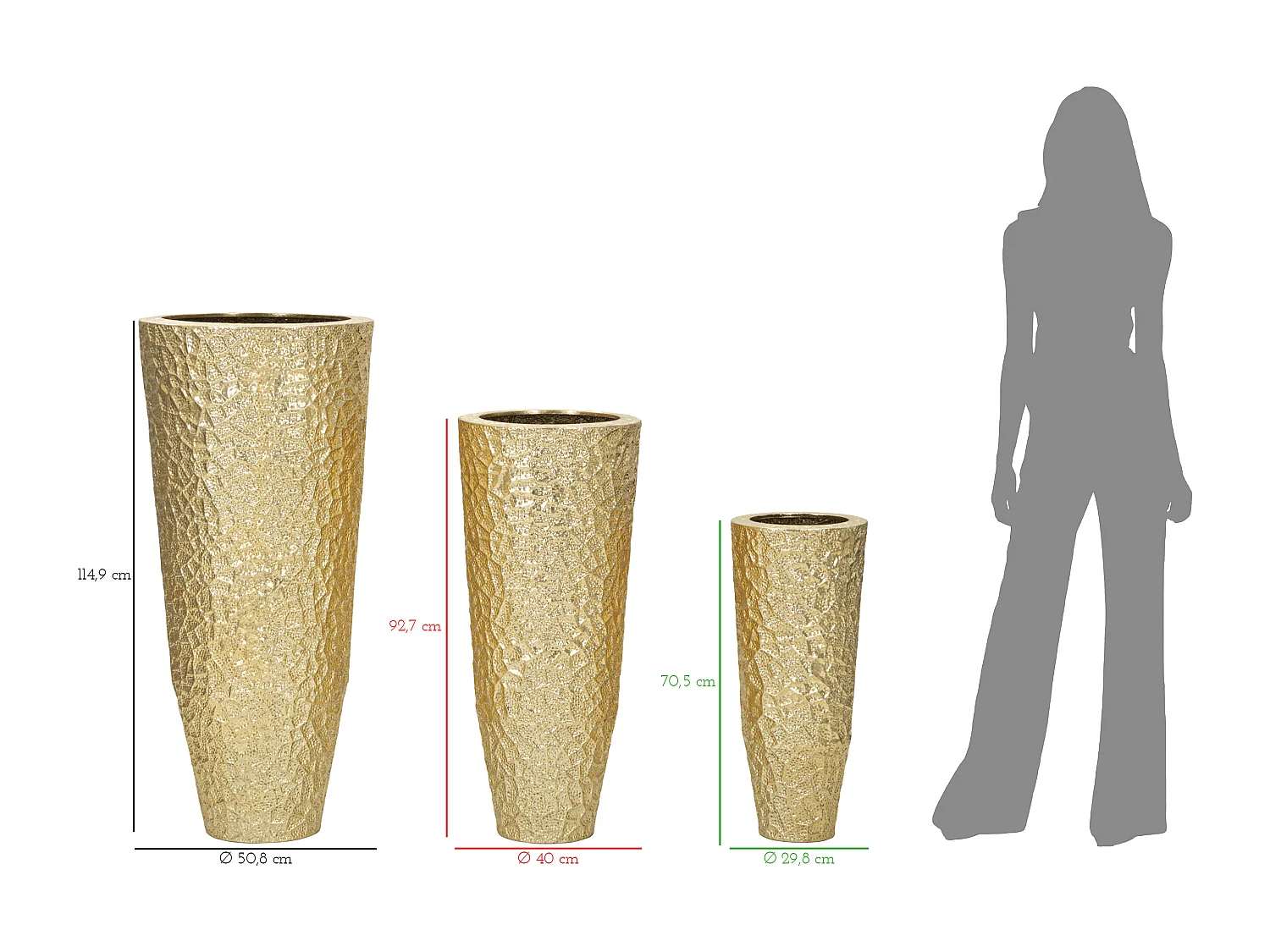 Lot de 3 Vases en Métal "Glasy" 114cm Or