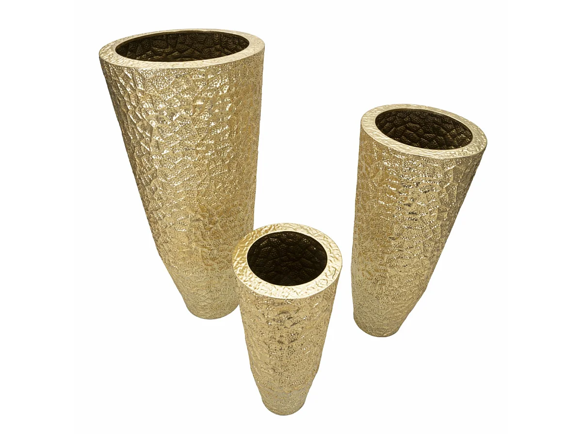 Conjunto de 3 vasos redondos esmaltados em metal dourado - Trio com decorações em relevo irregular em estilo glamoroso