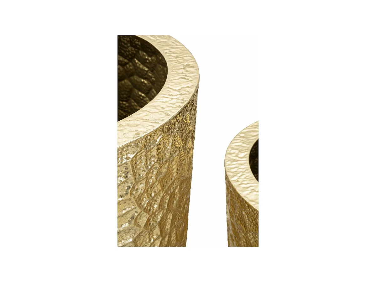 Conjunto de 3 vasos redondos esmaltados em metal dourado - Trio com decorações em relevo irregular em estilo glamoroso