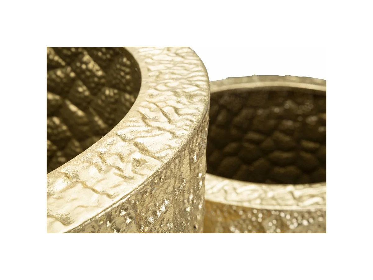 Conjunto de 3 vasos redondos esmaltados em metal dourado - Trio com decorações em relevo irregular em estilo glamoroso
