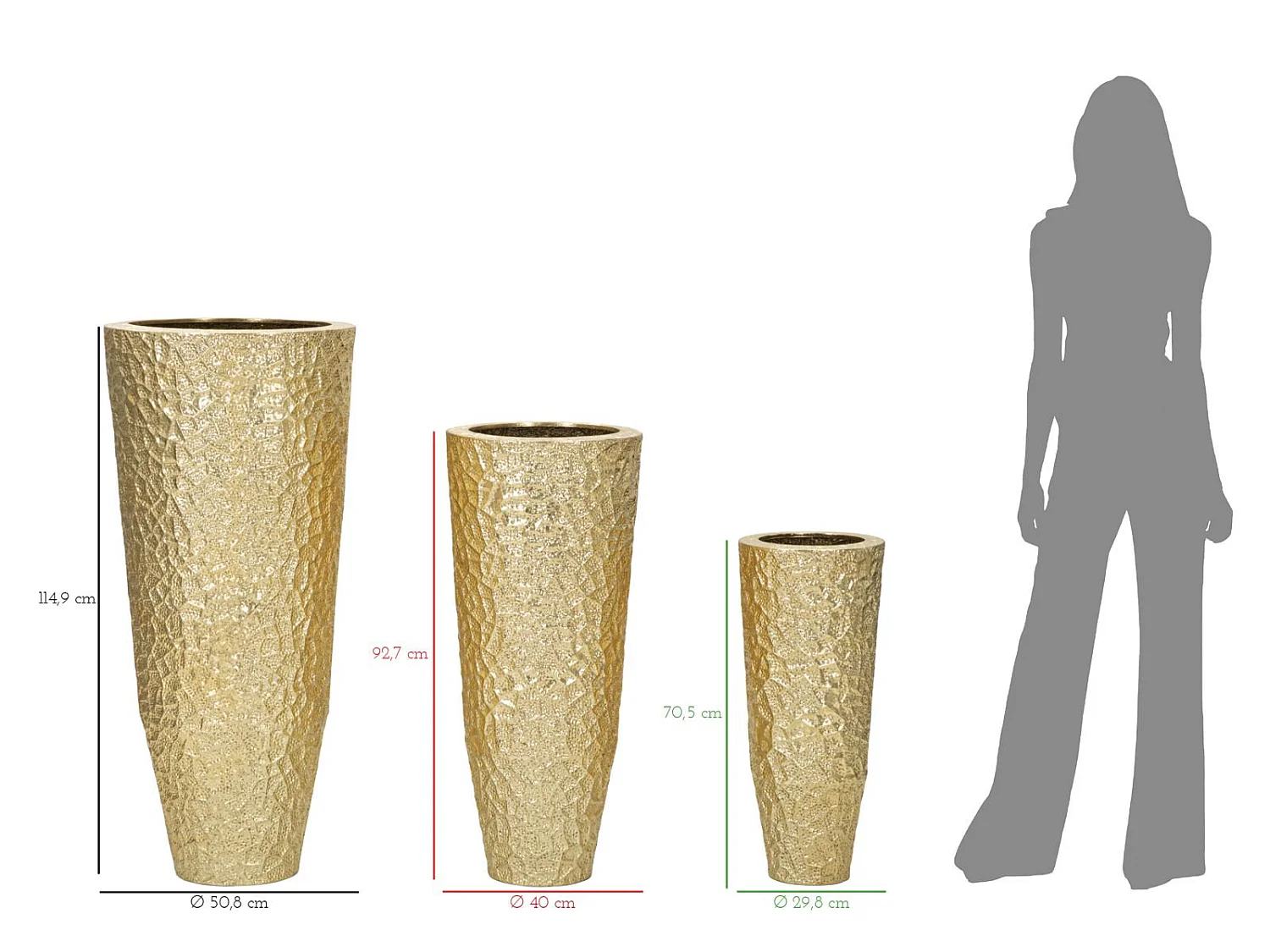 Conjunto de 3 vasos redondos esmaltados em metal dourado - Trio com decorações em relevo irregular em estilo glamoroso